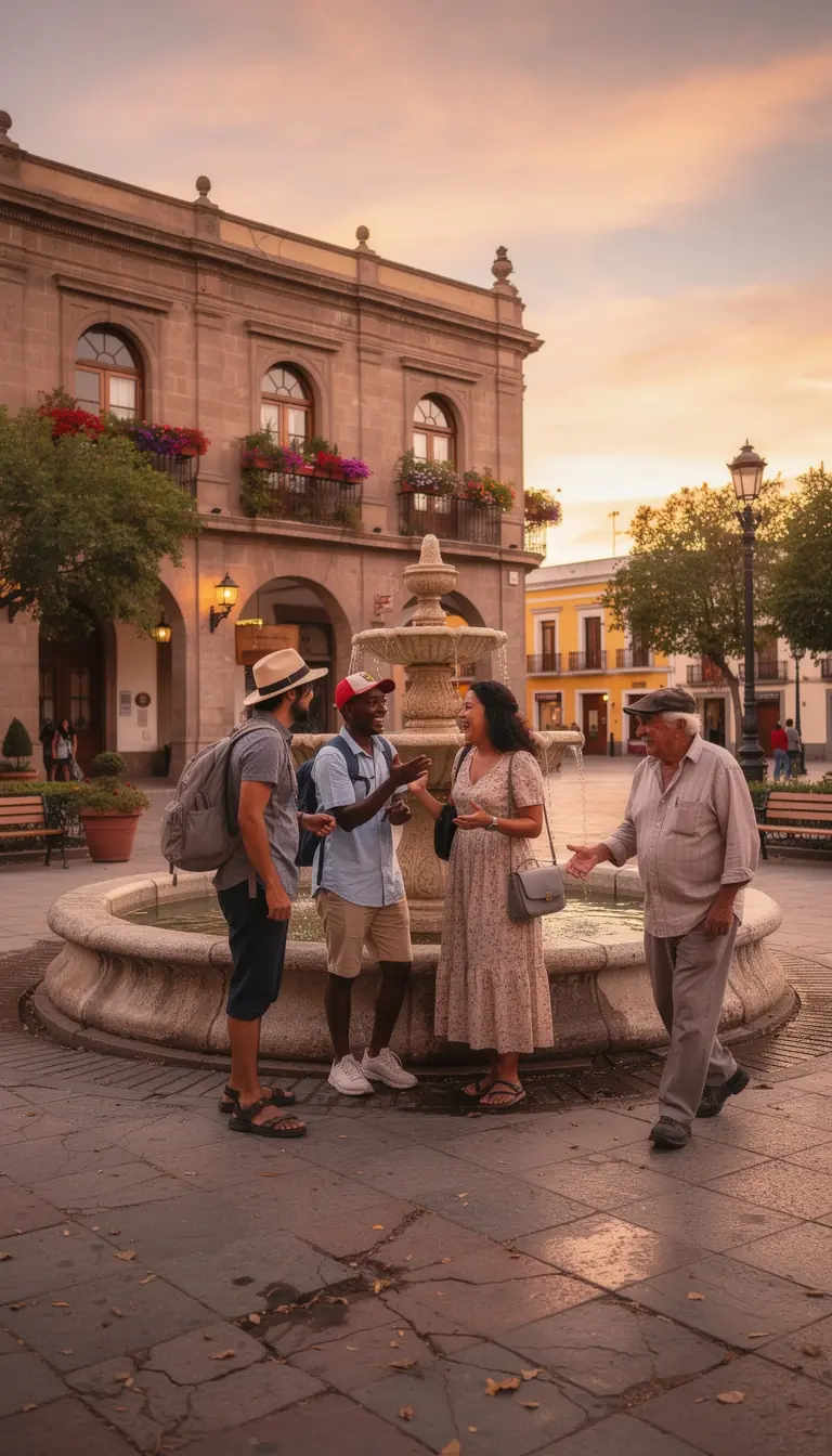 Grupo de visitantes disfrutando de una feria local en una plaza histórica.